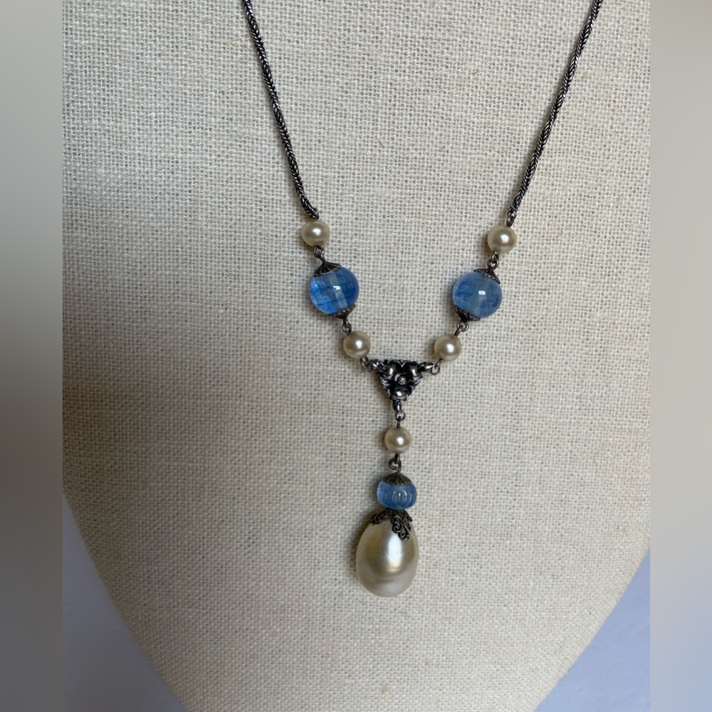 Vintage Art Deco 1930s Blue Glass Beads with Pearl Pendant